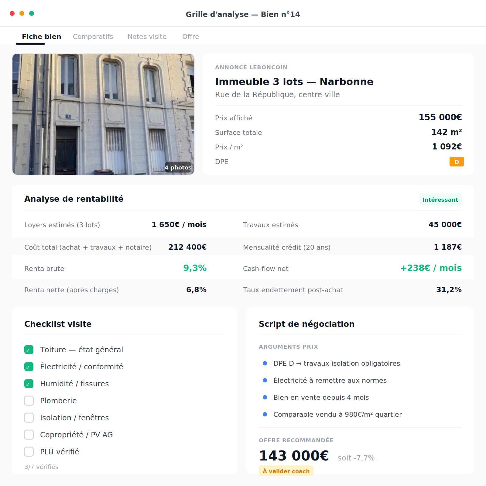 Grille d'analyse bien immobilier locatif — checklist visite et négociation prix d'achat